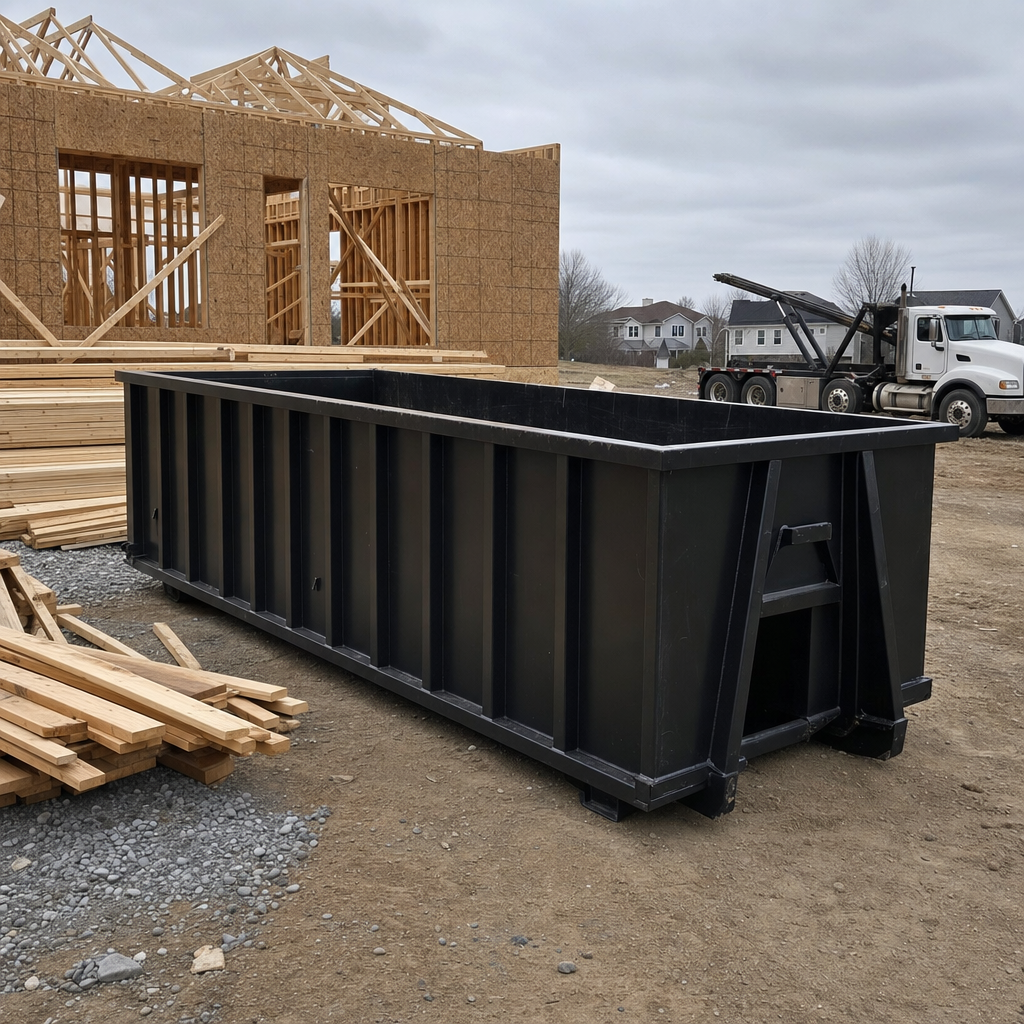 Matte-black 40-yard roll-off dumpster staged on a framed-out residential construction site in Birmingham, framing lumber stacked nearby, hooklift delivery truck visible in the background under bright Colorado daylight