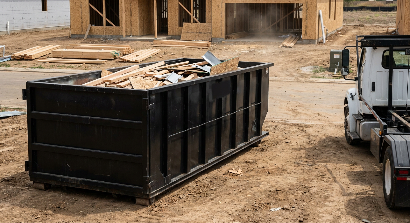 Matte-black 20-yard roll-off construction dumpster with heavy ribbed steel sidewalls and swing rear doors at a working jobsite in Birmingham, sitting directly on compacted dirt with an unmarked white hauler partially visible at the far edge of the frame.