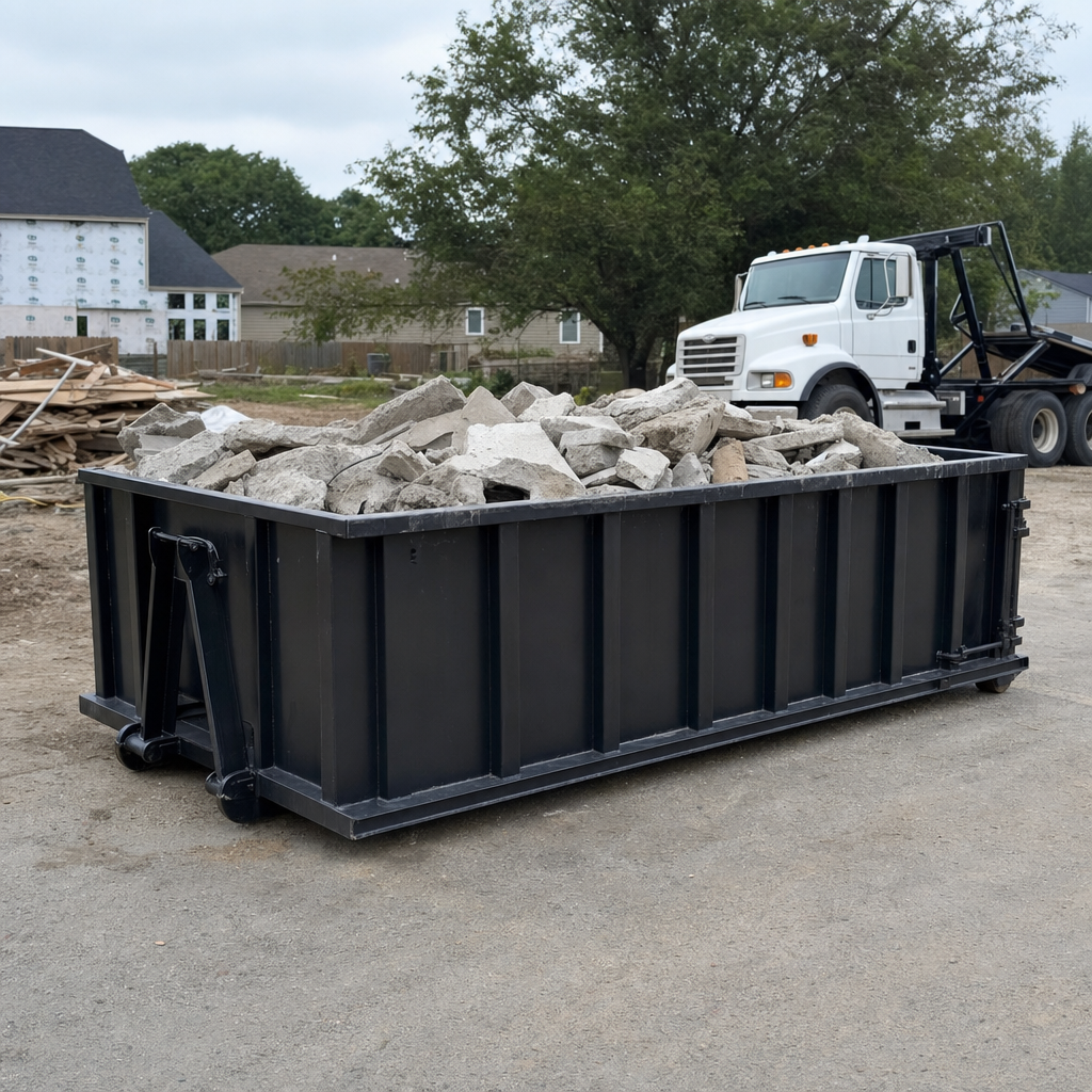 Low-profile matte-black lowboy roll-off dumpster loaded with broken concrete slab and rebar at a foundation tear-out in Birmingham, skid steer parked beside it, sunny Colorado morning
