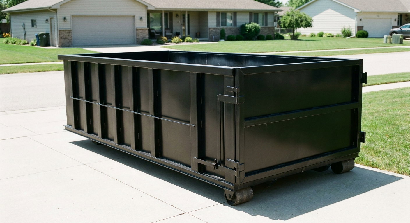 Matte-black 10-yard roll-off dumpster on a residential concrete driveway in Birmingham, uniformly painted matte black across every panel and rail, ribbed steel sidewalls and rear swing door visible, mid-day daylight.