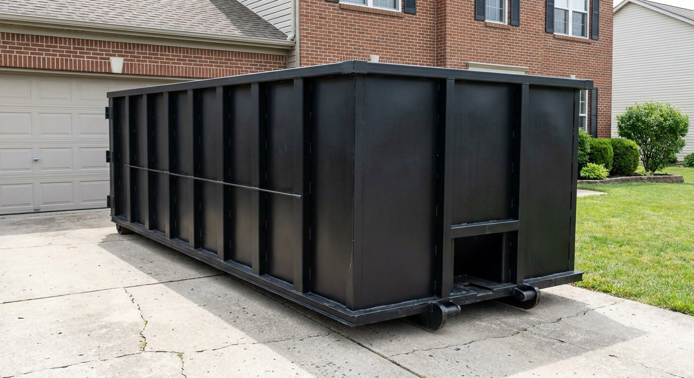 Matte-black 20-yard roll-off container on a Birmingham residential concrete driveway with reinforced ribbed steel sidewalls and a hinged rear walk-in door, clean bright daylight.