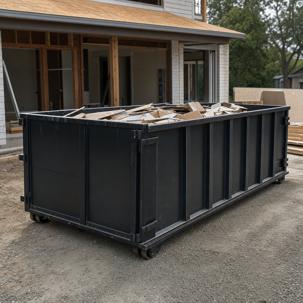 Large matte-black 30-yard construction roll-off dumpster at an active Birmingham jobsite, steel-gray top rails and bottom rollers visible, loaded with construction debris.