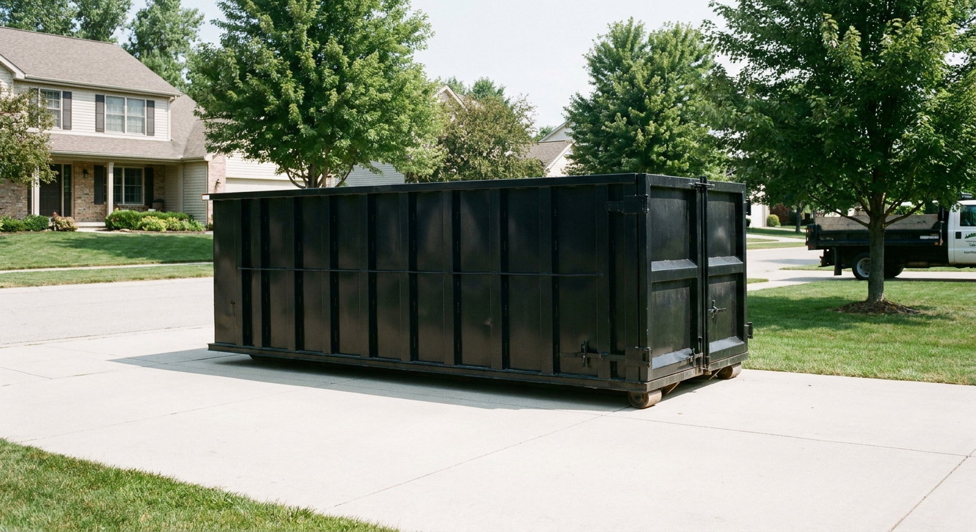 Matte-black 20-yard roll-off dumpster sitting level on a clean Birmingham residential concrete driveway under bright daylight, demonstrating clean placement directly on the concrete.