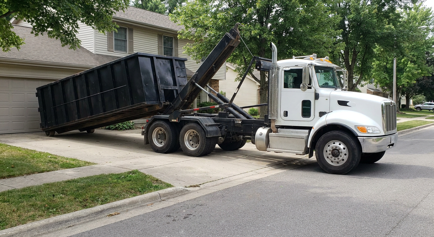 White-cab hooklift roll-off truck actively lowering a matte-black dumpster onto a Birmingham residential concrete driveway, the dumpster's rear wheels touching the driveway as the hoist arm tilts the bed forward, mid-morning daylight.