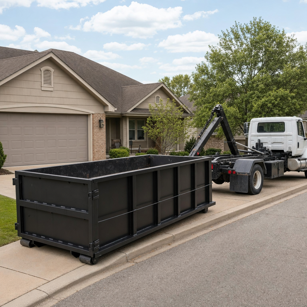 Wide documentary shot of a matte-black roll-off dumpster on a Birmingham residential driveway in the foreground and a contractor jobsite container in the soft-focus background, bright daylight, calm and orderly composition.