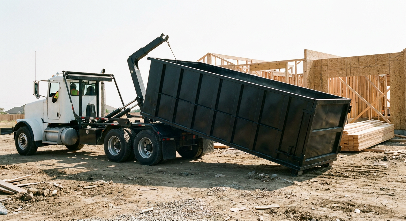 Matte-black roll-off dumpster being delivered onto a clean residential concrete driveway in Birmingham by an unmarked white hooklift hauler truck, bright morning daylight, documentary 35mm perspective.