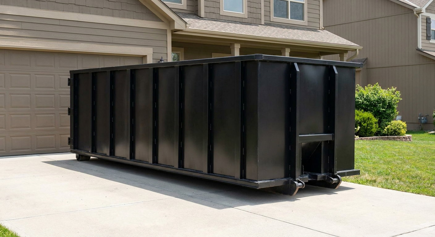 Matte-black residential roll-off dumpster sitting directly on a suburban Birmingham concrete driveway, garage door closed, single-family home in background, bright morning daylight.