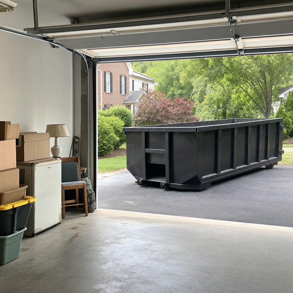 Open garage interior in a Birmingham home mid-cleanout — boxed items, an old appliance, and stacked yard tools queued near the driveway for a matte-black roll-off dumpster, organized and calm