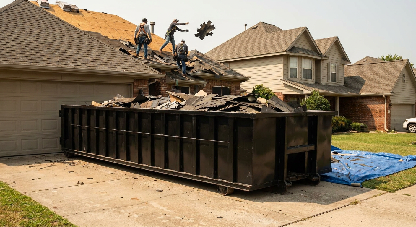 Matte-black roofing roll-off dumpster placed directly on a Birmingham residential concrete driveway, a tear-off crew on a two-story asphalt-shingle roof tossing shingle bundles into the low-walled container, bright daylight, documentary 35mm perspective.