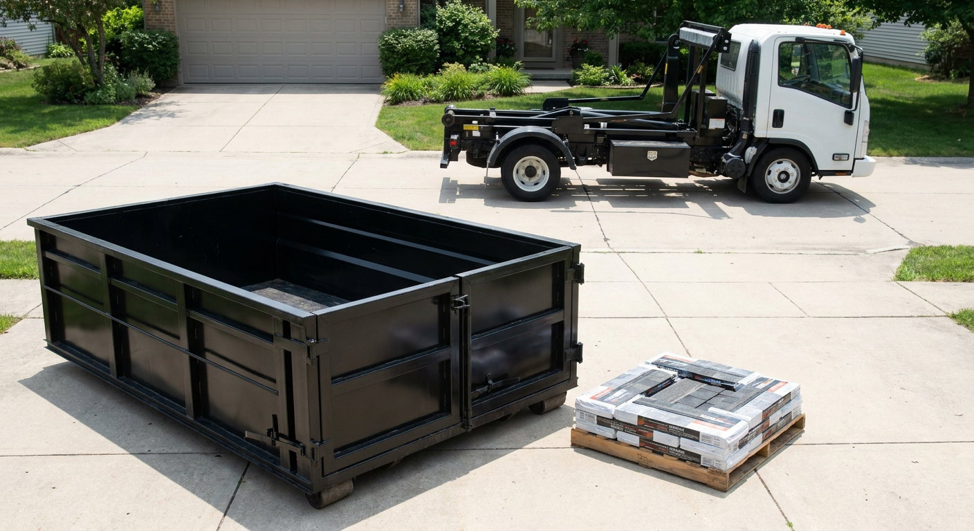 Matte-black 15-yard roofing roll-off dumpster with reinforced low side walls sitting directly on a Birmingham residential concrete driveway, three-tab asphalt shingle bundles stacked nearby, an unmarked white hauler truck partially visible at the edge of the frame.