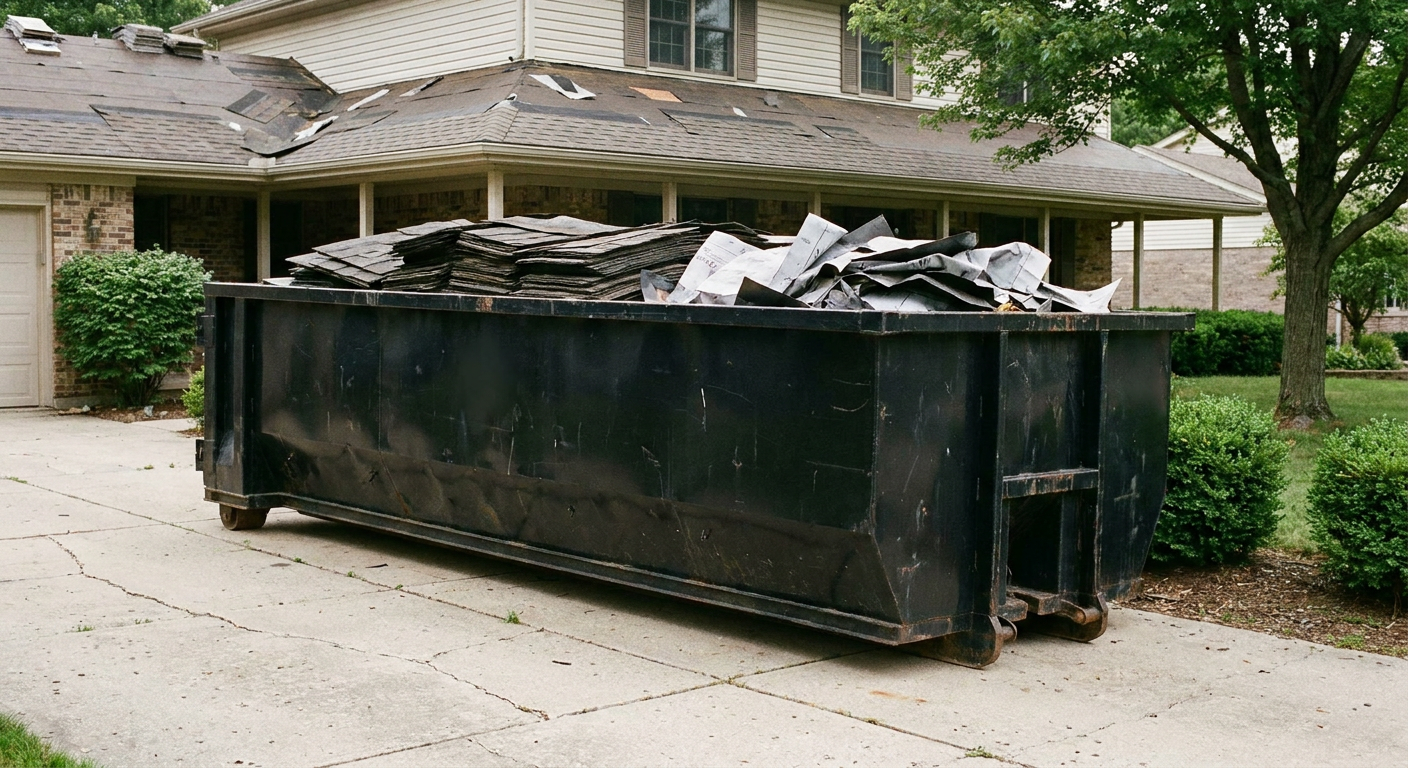 Matte-black 30-yard roofing roll-off dumpster sitting directly on a Birmingham concrete driveway, taller ribbed steel side panels, mixed tear-off debris of asphalt shingles and underlayment inside, professional documentary daylight.