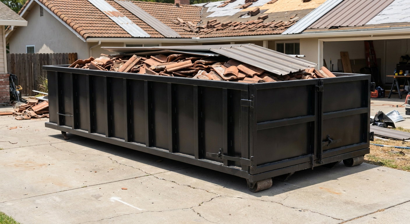 Matte-black low-wall heavy-debris roofing roll-off dumpster sitting directly on a Birmingham concrete driveway, broken concrete clay roof tiles and metal panel sections loaded inside, reinforced ribbed steel side walls visible, bright outdoor daylight.
