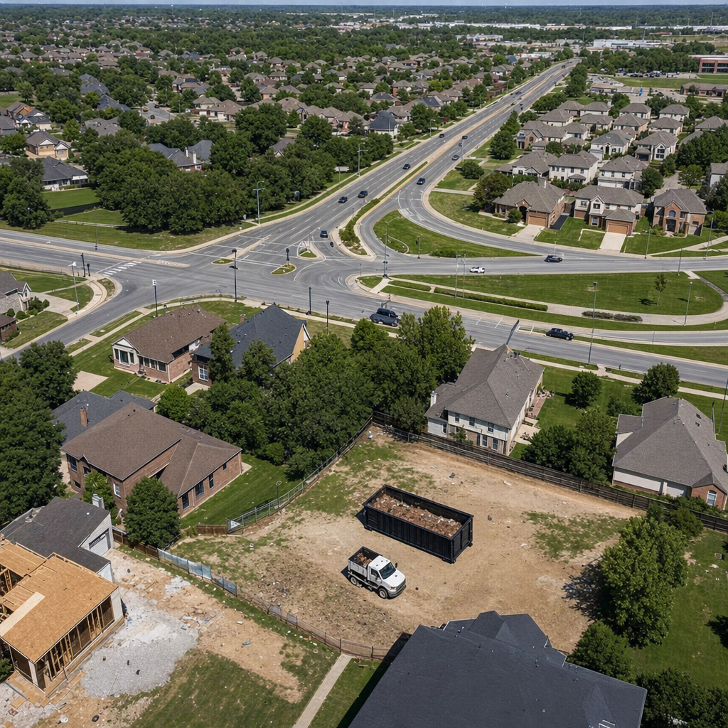 An overhead documentary view of the Birmingham metro area at midday, showing the spread of neighborhoods, arterial roads, and the dispatch radius from a central yard — clean daylight, organized geographic layout.