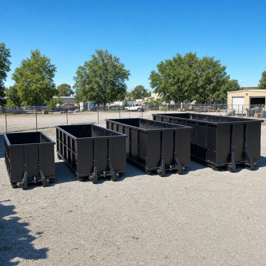 A clean lineup of matte-black roll-off dumpsters in 10, 20, 30, and 40-yard sizes staged on a sunlit gravel yard in Birmingham, showing the size progression from compact to commercial-scale containers.