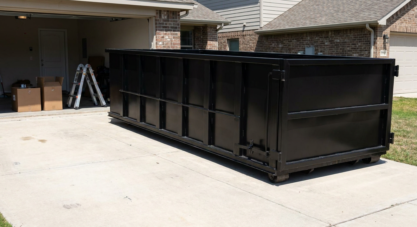 A matte-black 10-yard roll-off dumpster sitting directly on a residential Birmingham concrete driveway, mid-day sunlight, clean and ready for a garage cleanout.