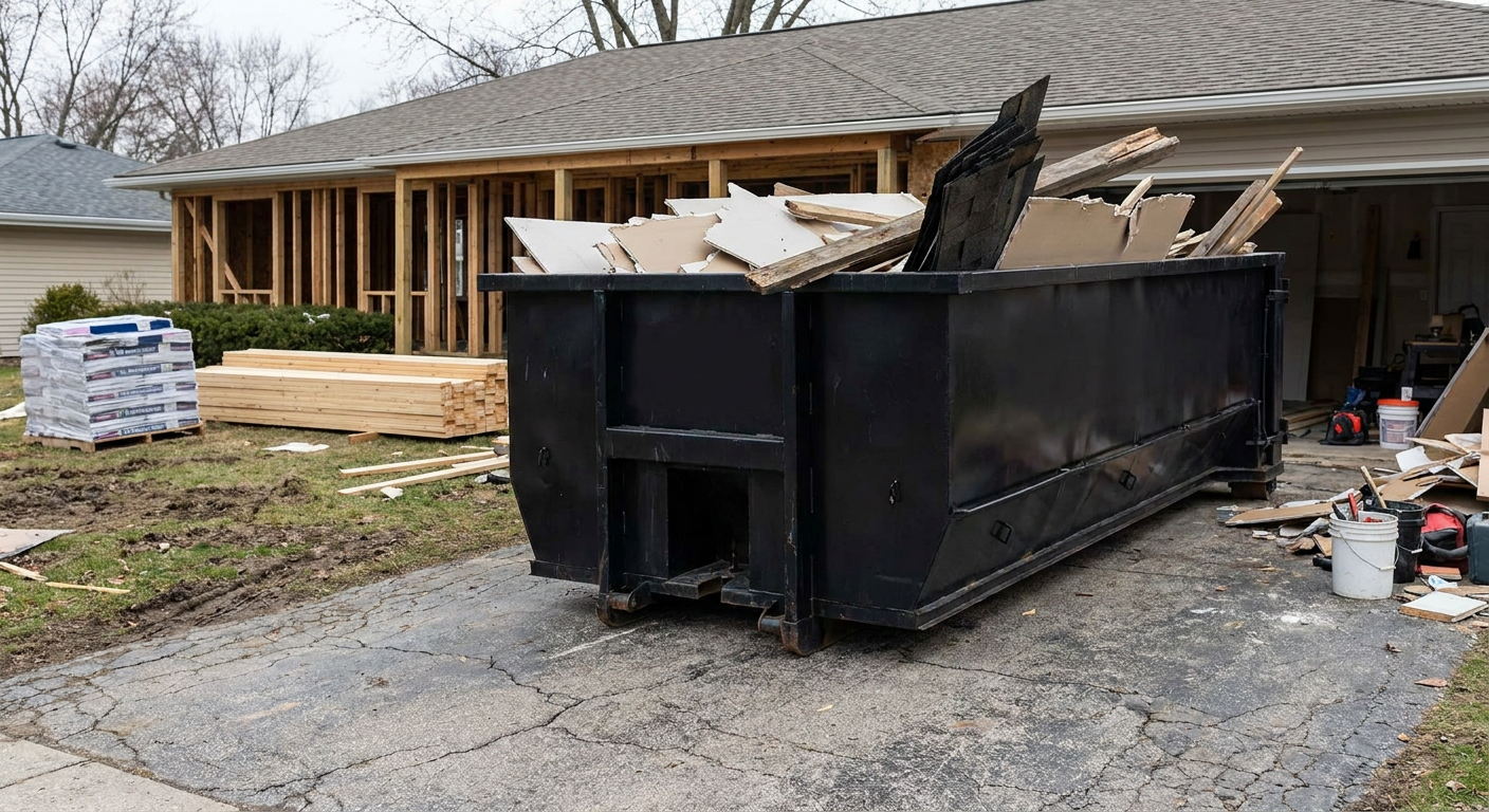 A matte-black 20-yard roll-off dumpster placed alongside a mid-renovation Birmingham home directly on the asphalt driveway, with framing materials and torn-off shingles staged neatly nearby.