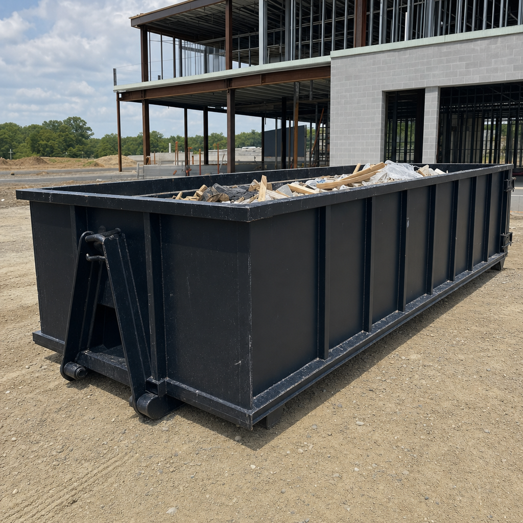 A matte-black 40-yard roll-off dumpster staged on a large Birmingham commercial construction lot, with a hooklift delivery truck parked alongside under bright midday sky.
